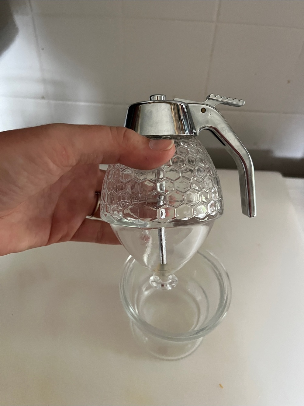 Glass Honey Dispenser with Chrome Pour Lid - Clear - Picture 2 of 4